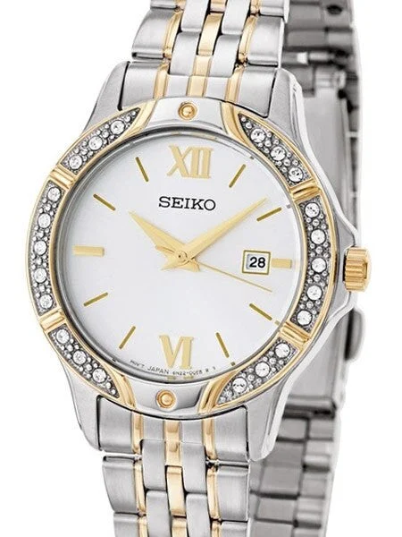 Seiko Two-Tone Quartz Dress Watch with Swarovski Crystal Bezel, Mother of Pearl Dial #SUR8