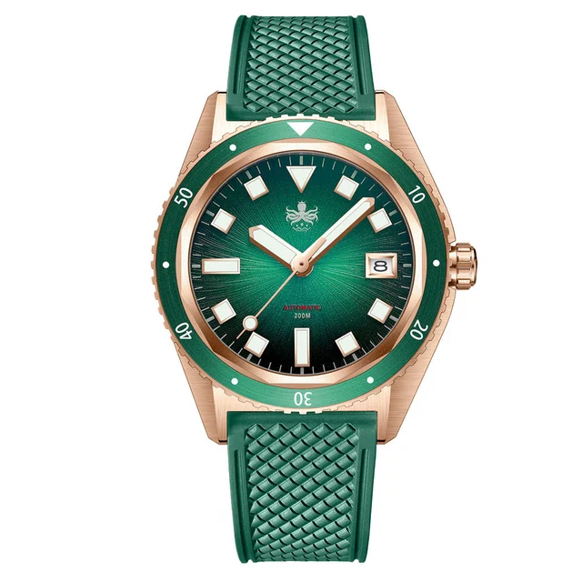 Phoibos Argo Bronze Automatic Dive Watch with Spiral Sunray Green Dial #PY057A kol saati