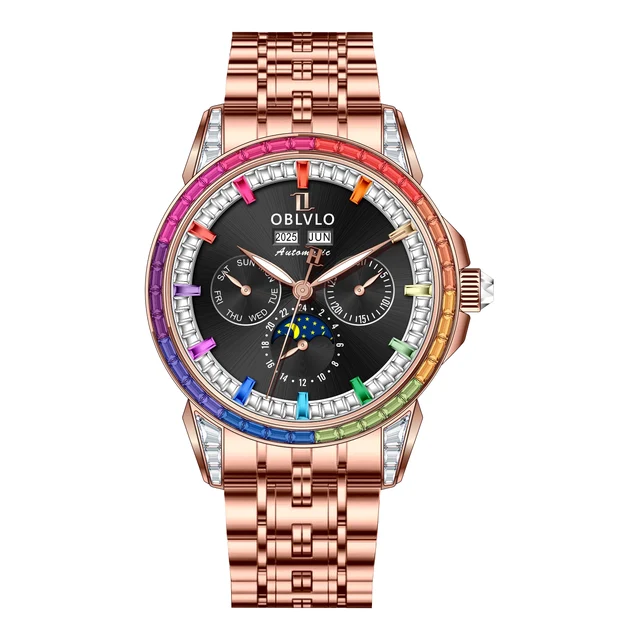 OBLVLO GCM Series,41mm,Rose gold Steel Strap,Colored diamond Bezel GCM Series,41mm,Rose go