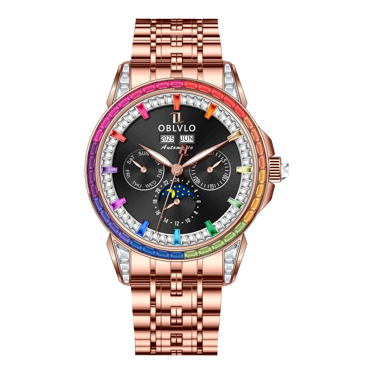 OBLVLO GCM Series,41mm,Rose gold Steel Strap,Colored diamond Bezel GCM Series,41mm,Rose gold Steel Strap,Colored diamond Bezel, 41 mm kol saati