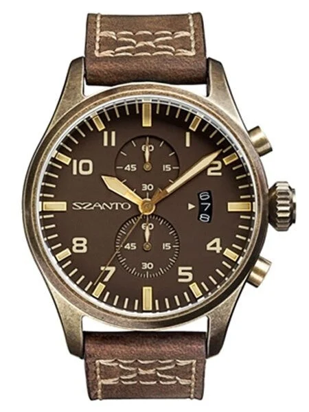 Szanto Antique Bronze Ion Plated Case, Military Chronograph Watch #4003 kol saati