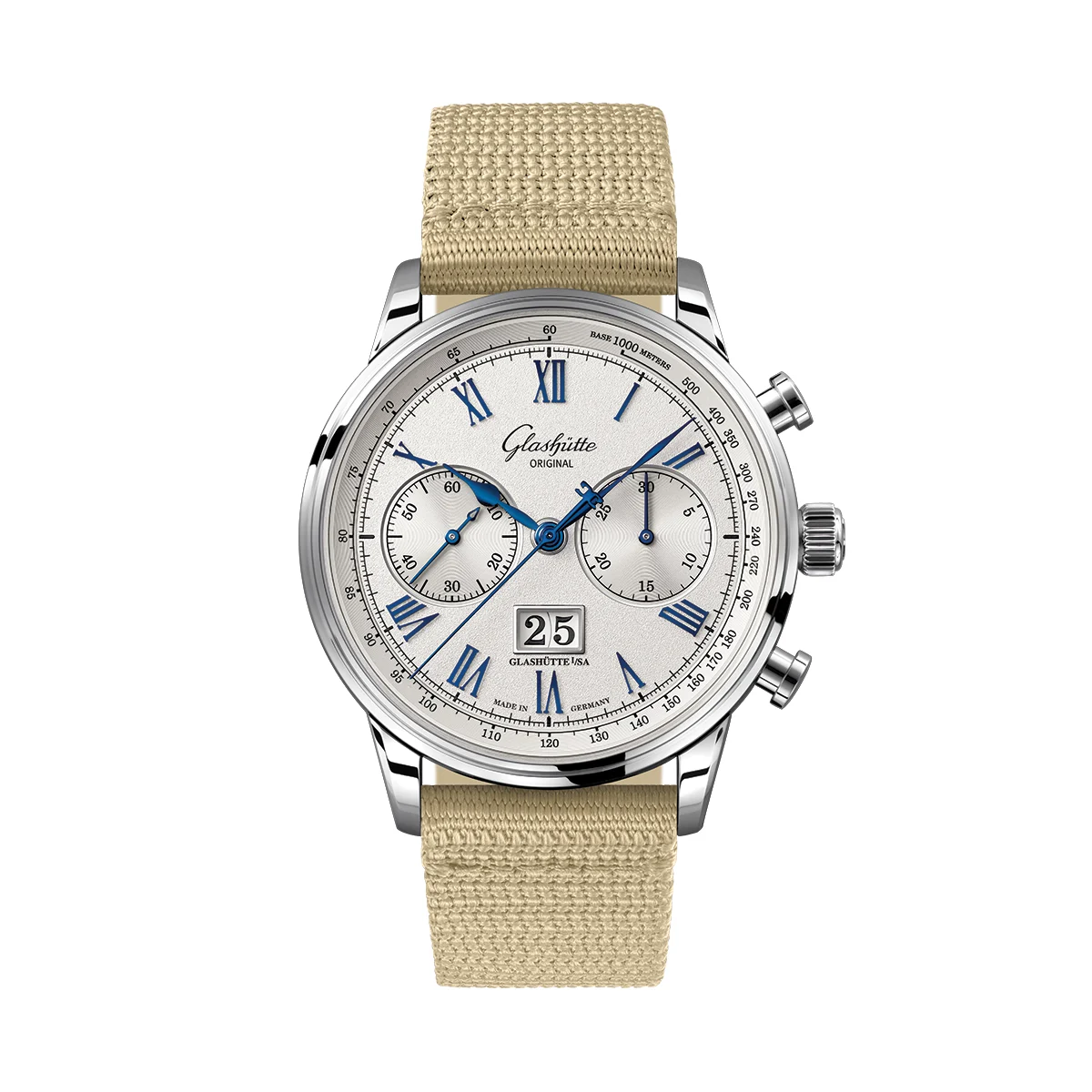 Glashutte Original Senator Chronograph 41mm - Galvanic Silver on Fabric Strap 1-37-24-01-02-64 41 mm kol saati