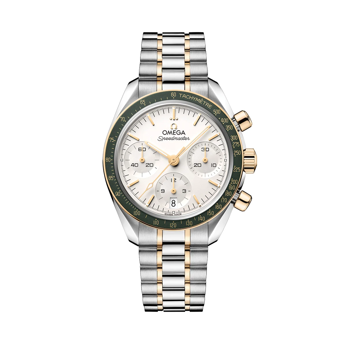 OMEGA Speedmaster Chronograph Two-Tone 18K Moonshine™ Gold and Steel 38mm - Opaline Silvery on Bracelet O32420385002001 38 mm kol saati