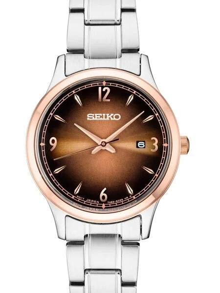 Seiko Two-Tone Quartz Watch with Ombré Brown Dial and Stainless Steel Bracelet #SXDH02 29 mm kol saati