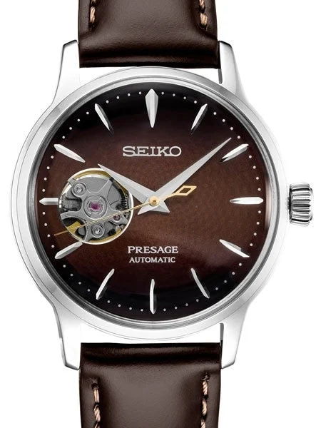 Seiko Presage Brown Automatic Dress Watch with Open Heart #SSA783 kol saati