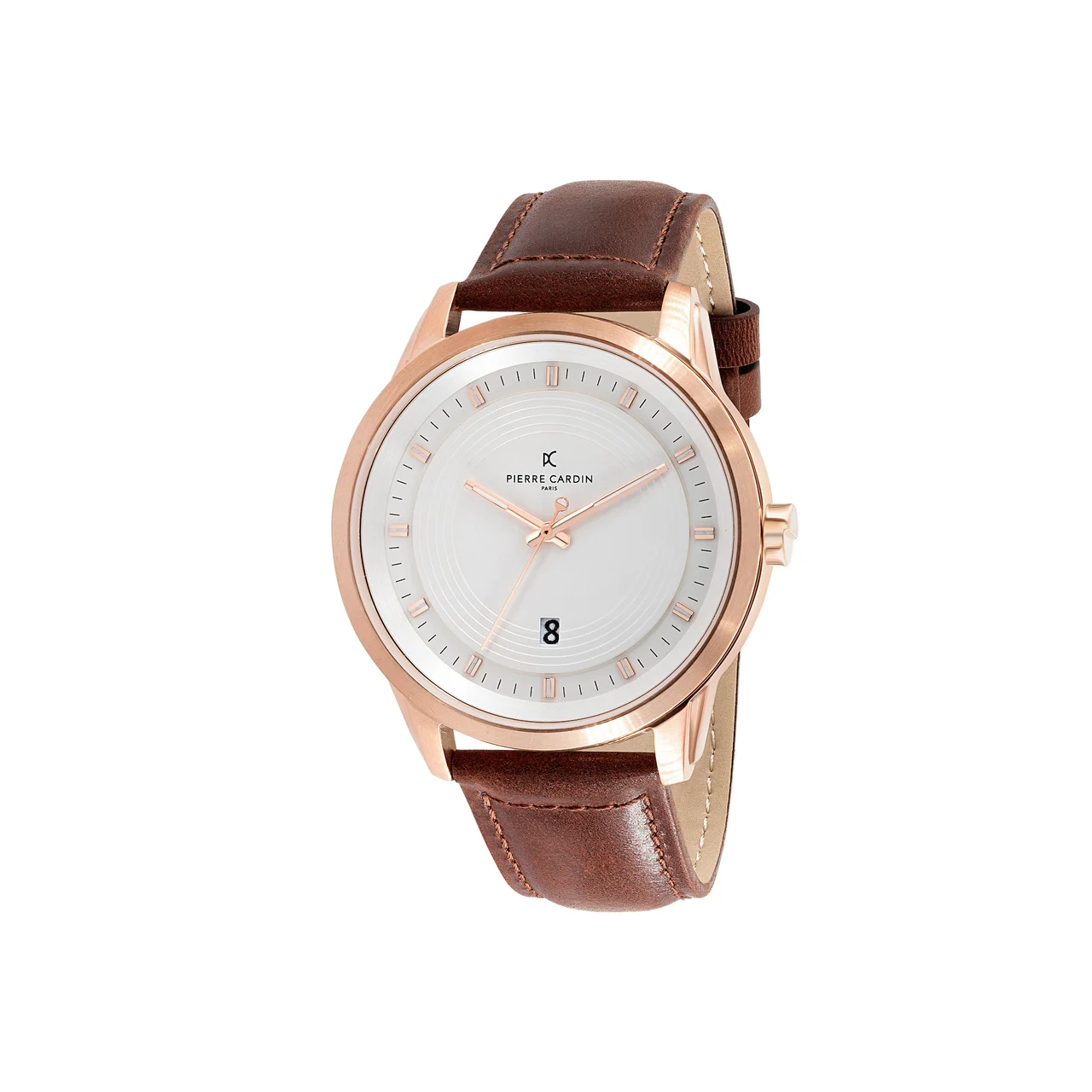 LES HALLES Silver Dial Rose Gold Watch with Brown Leather Strap CCP.5022 45 mm kol saati