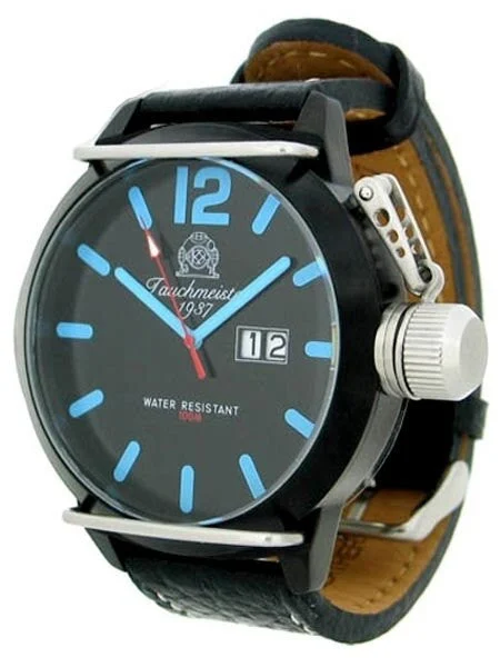 Tauchmeister Black Military Dive Watch with Unique Blue Hands and Markers T0168 kol saati