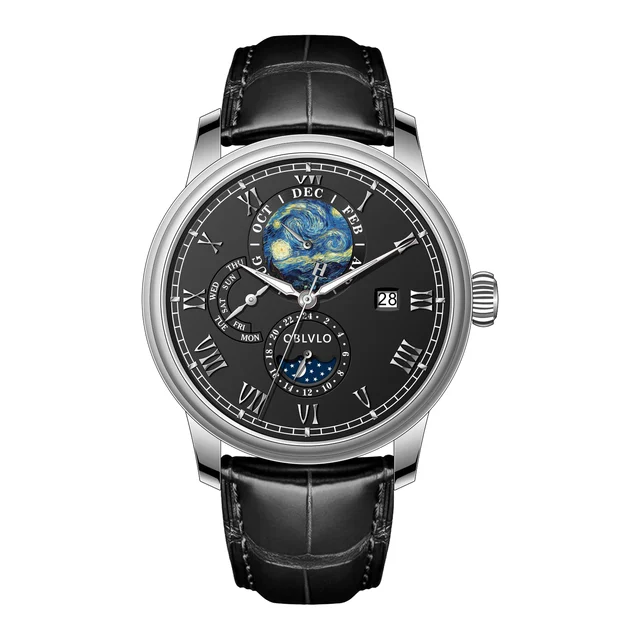 OBLVLO Leather Strap ,Black Dial AM-FG-YBBL AM Series,42mm,Black Leather Strap ,Black Dial