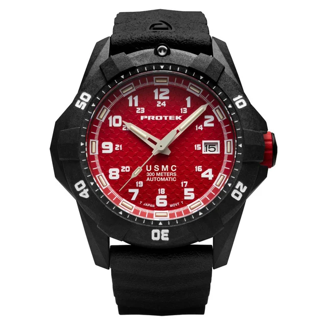 Protek USMC Automatic Tritium Dive Watch with Red Dial #PT1212 kol saati