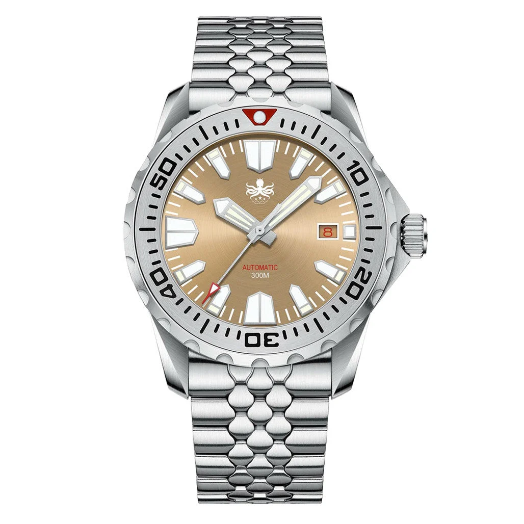 Phoibos Kraken 300 Meter Automatic Dive Watch with Sunray Champagne Dial #PY033E 41 mm kol saati