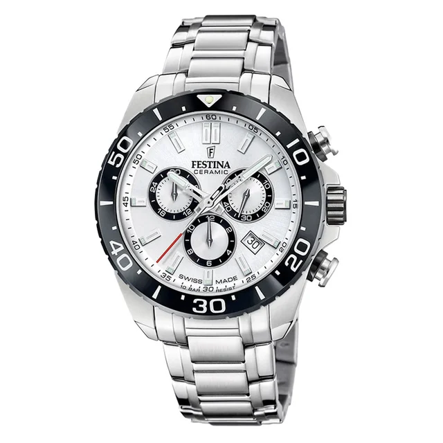 Festina Swiss Made Chronograph with Ceramic Bezel and Silver Dial #F20042-1 kol saati