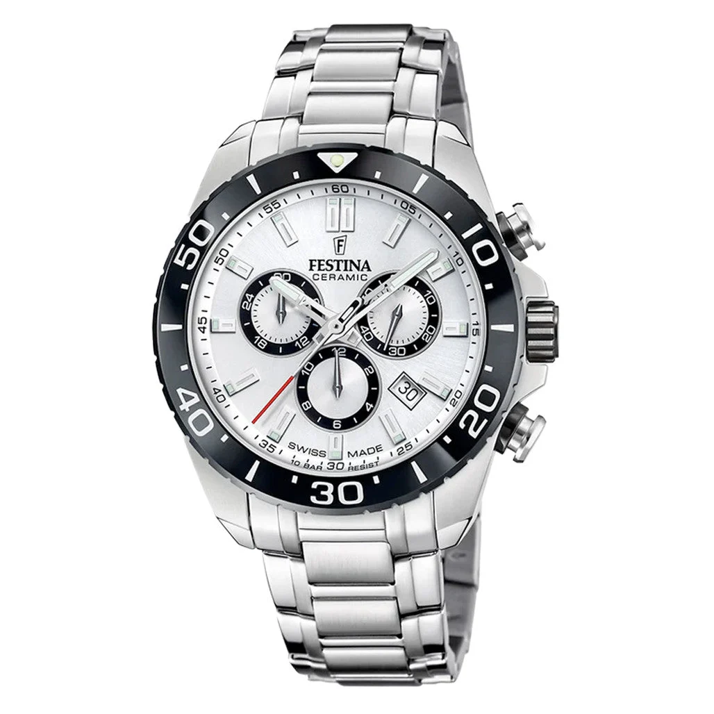 Festina Swiss Made Chronograph with Ceramic Bezel and Silver Dial #F20042-1 kol saati
