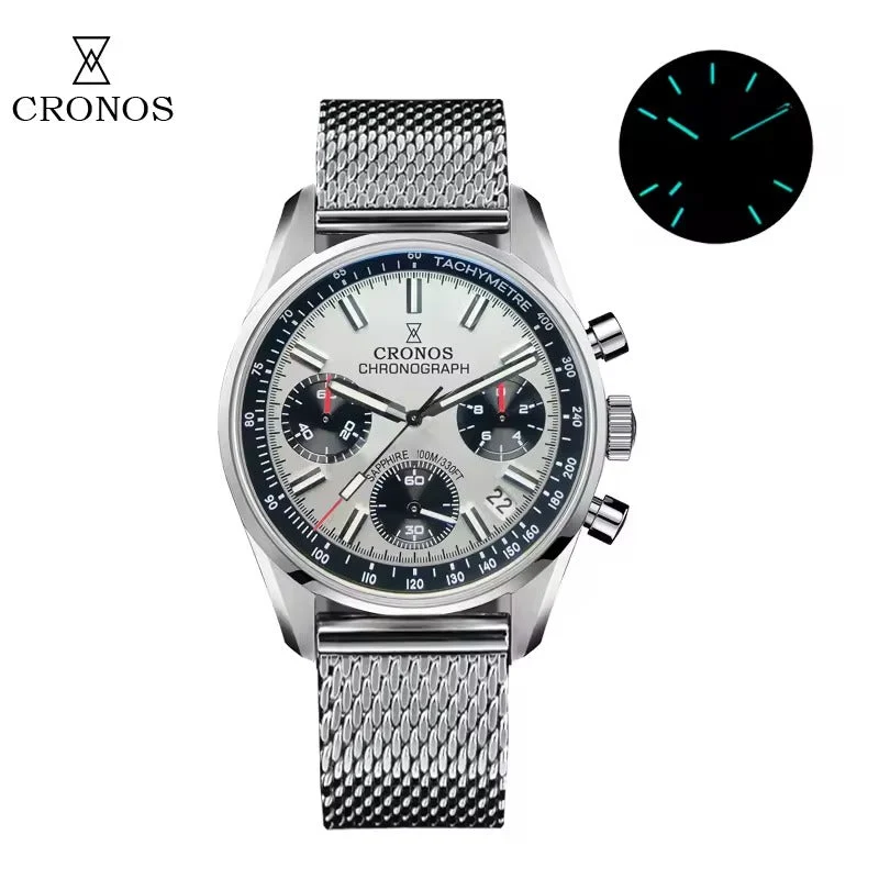 Cronos Watch Store Cronos 38.5mm Chronograph Quartz Men Watch L6035 克诺时-L6035-计时表-网纱带 38.5 mm kol saati