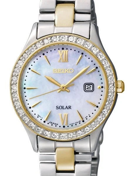 Seiko Two-Tone Solar Dress Watch with Swarovski Crystal Bezel, Mother of Pearl Dial #SUT07