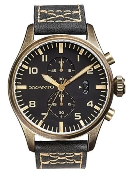 Szanto Antique Bronze Ion Plated Case, Military Chronograph Watch #4001 kol saati