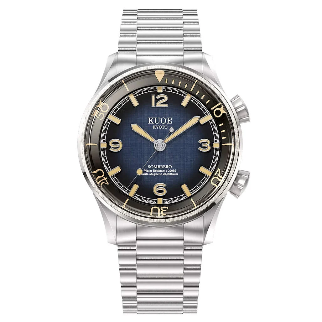 Kuoe Sombrero 90-011 Blue Linen Textured Dial Watch #SM90011-GNV-FLAT 45 mm kol saati