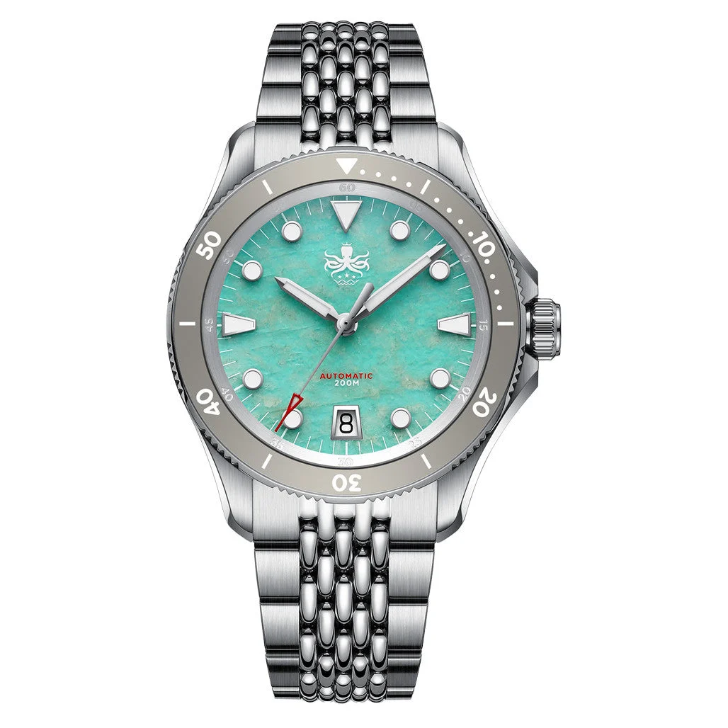 Phoibos Delphinus Automatic Dive Watch with Natural Amazonite Stone Dial #PY055JD 39 mm kol saati