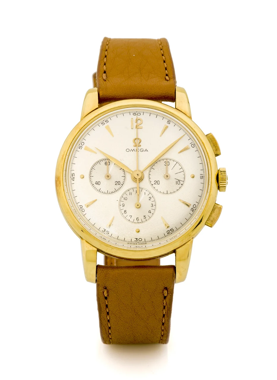 OMEGA OMEGA REF. 2466 CHRONOGRAPH YELLOW GOLD Fine and large, manual winding, 18k yellow gold chronograph wristwatch. kol saati