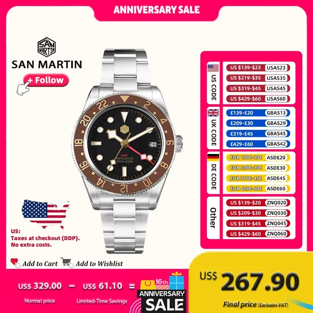 San Martin Vintage Men Watch With Root Beer Style Bezel San Martin 39mm Vintage Men Watch