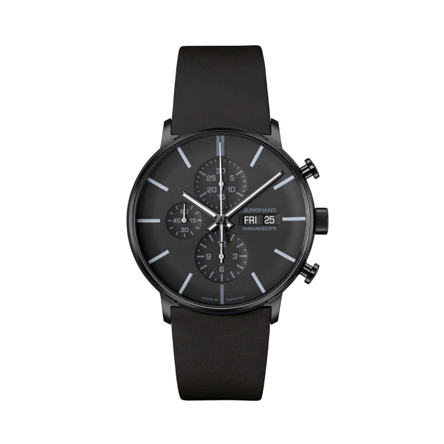Junghans FORM A Chronoscope Date English 42mm - Black on Leather Strap 27/4371.03 kol saat