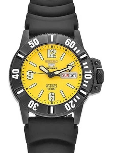Seiko Sports 5 Automatic Watch with Yellow Dial, Black PVD Case #SNZG87K1 kol saati