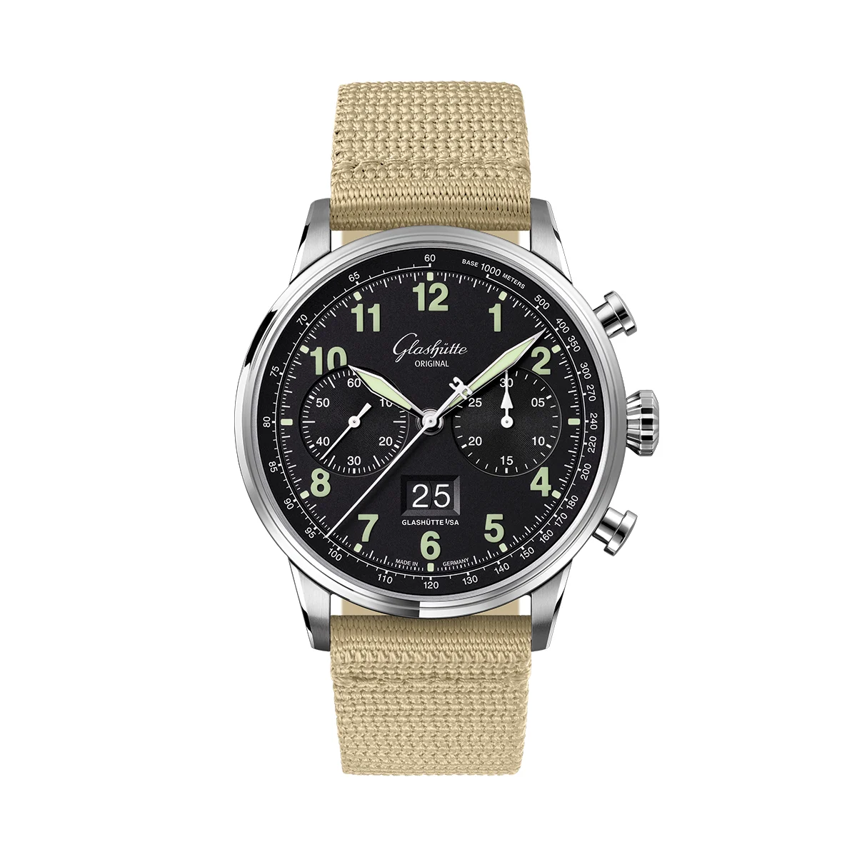 Glashutte Original Senator Chronograph Navigator 41mm - Black Lacquer on Fabric Strap 1-37-24-20-12-64 41 mm kol saati