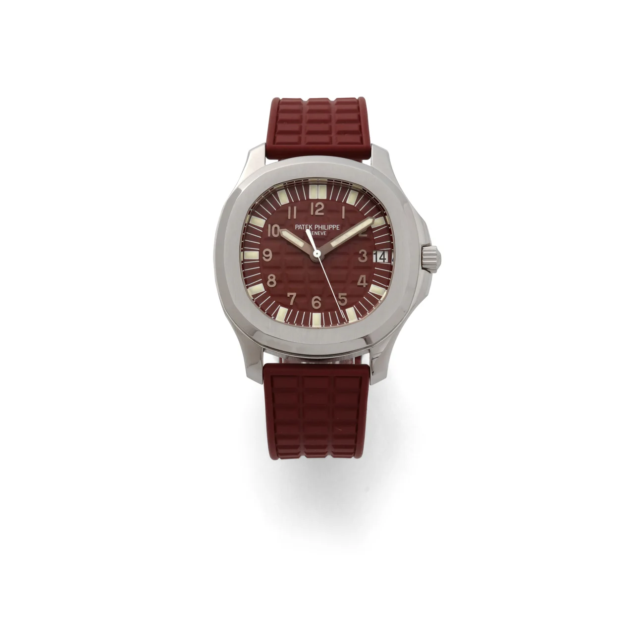 Patek Philippe Ref. 5065/1A-010, self-winding, large-size, centre-seconds, date, red “prune” “plum” colour dial; “Aquanaut”; stainless steel kol saati