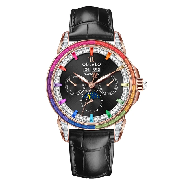 OBLVLO GCM Series,41mm,Leather Strap ,Diamond Bezel, Black Dial GCM kol saati