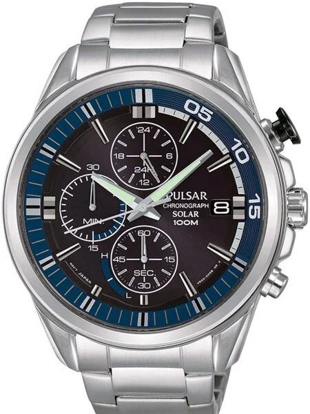 Pulsar Solar Quartz Chronograph Watch with Stopwatch and 24-Hour Sub-Dial #PZ6021 kol saat