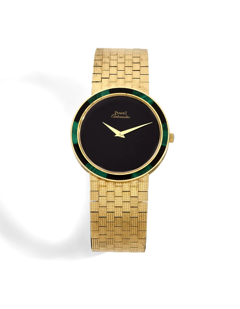 Piaget Ref. 12331, self-winding, black onyx dial, black onyx and green jade bezel; 18K yellow gold, onyx and jade kol saati
