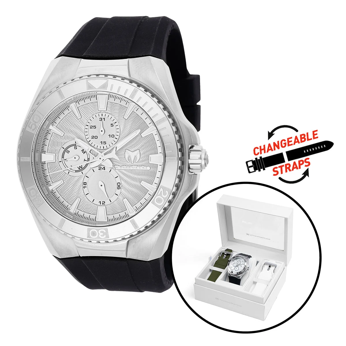 Technomarine Cruise California Watch - 45mm. Black, White, Green with Interchangeable Strap (TM-124016) 45 mm kol saati