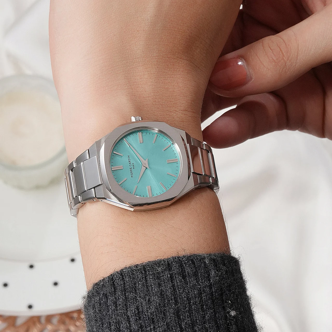 Elysee Maison 8 Chrysanthème ’ Watch - Silver Case, Celeste Blue Dial with Stainless Steel Band CF.1008.MS.1 32 mm kol saati