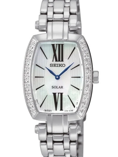 Seiko Solar Dress Watch with Diamond Bezel, Mother of Pearl Dial #SUP283 28 mm kol saati