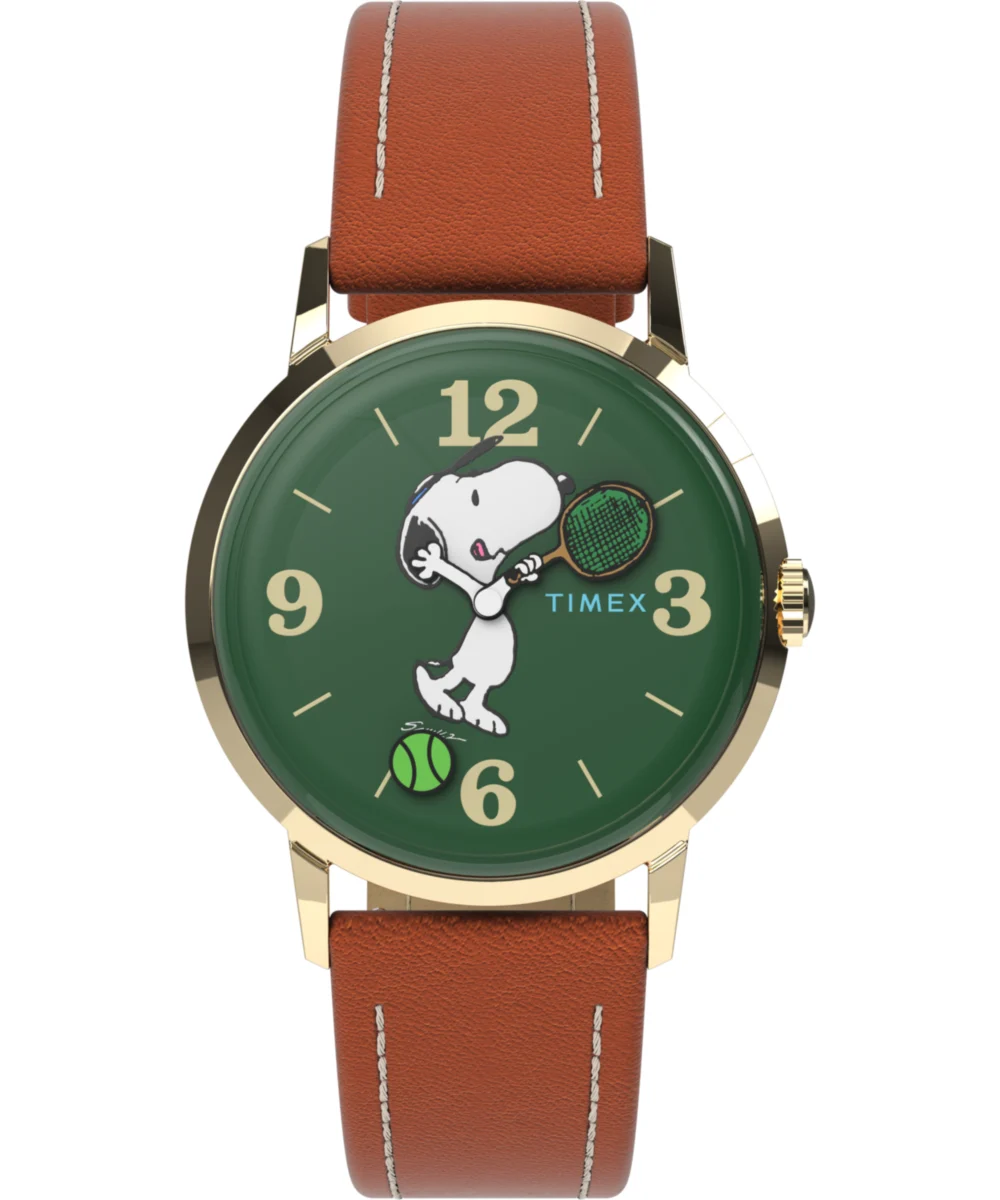 Timex Peanuts® x Marlin® Hand-Wound Snoopy Tennis 34mm Leather Strap Watch TW2V88800 34 mm kol saati