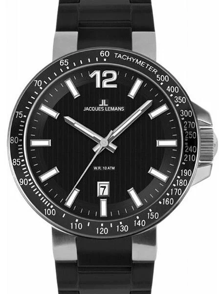 Jacques Lemans Milano 42MM Quartz Watch with a Black Dial and Tachymeter Bezel #1-1695A 42 mm kol saati