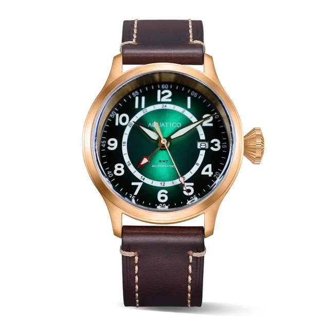 AQUATICO Bronze Horizon Hawk GMT Gradient Green Enamel Dial kol saati