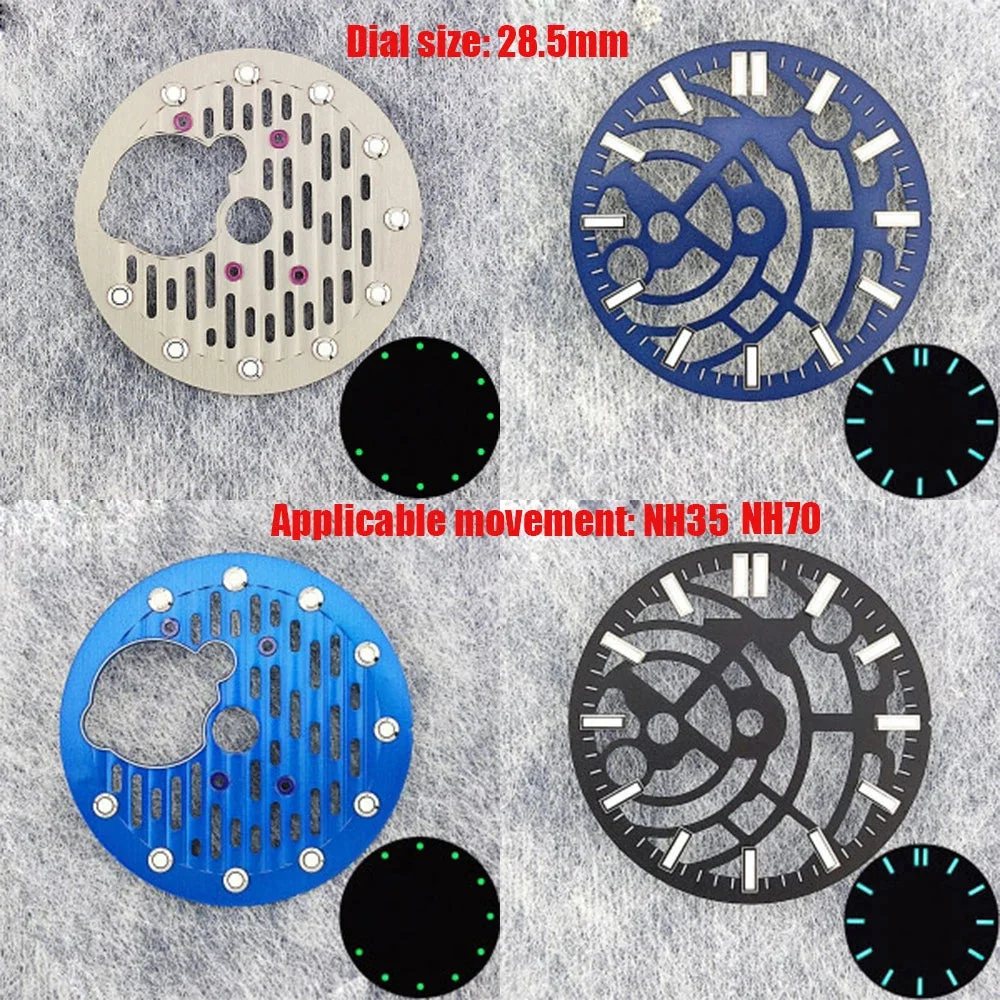 Tandorio Open NH35 Dial C3 Green Luminous Watch Dial Fit NH35 36 38 70 72 Movement Watch Accessories Custom Logo Dial 14:100005979#WZ-N-171 28.5 mm kol saati