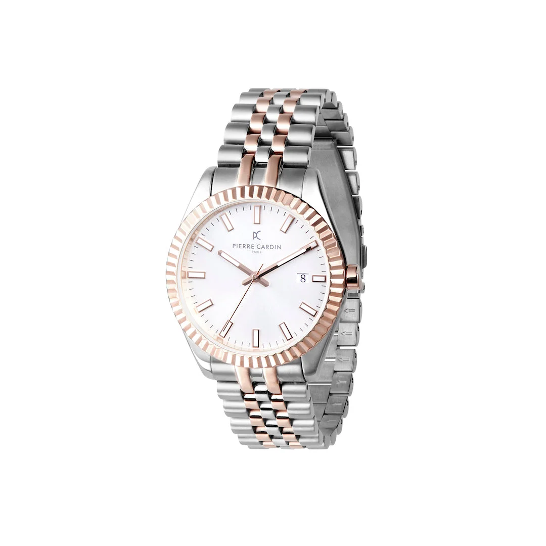 OPERA MENS Opera Two tone Stainless Steel and Rose Gold Date Watch with Fluted Bezel and White Dial COP.0004 40 mm kol saati