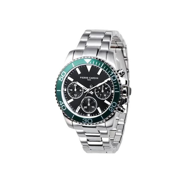 NATION Posh Multifunction watch with Black Dial and Green bezel with a Metal Links Strap C