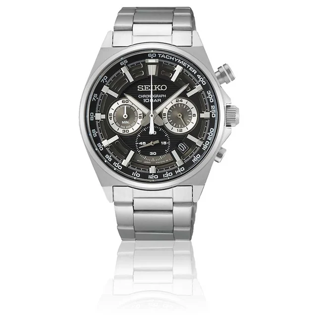 Seiko Quartz Chronograph with 60-minute timer, stop-watch style pusher and a 24-hour sub-d