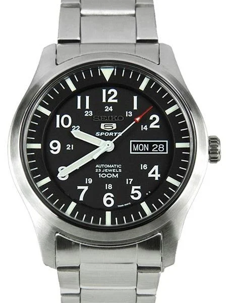 Seiko Scratch and Dent - Military Black Dial Automatic Watch with 42mm Case, and SS Bracelet #SNZG13K1 SND406 42 mm kol saati
