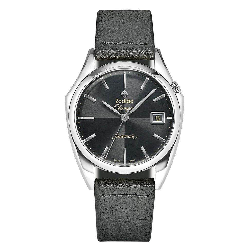 Zodiac Olympos Automatic Black Leather Watch #ZO9700 37.5 mm kol saati