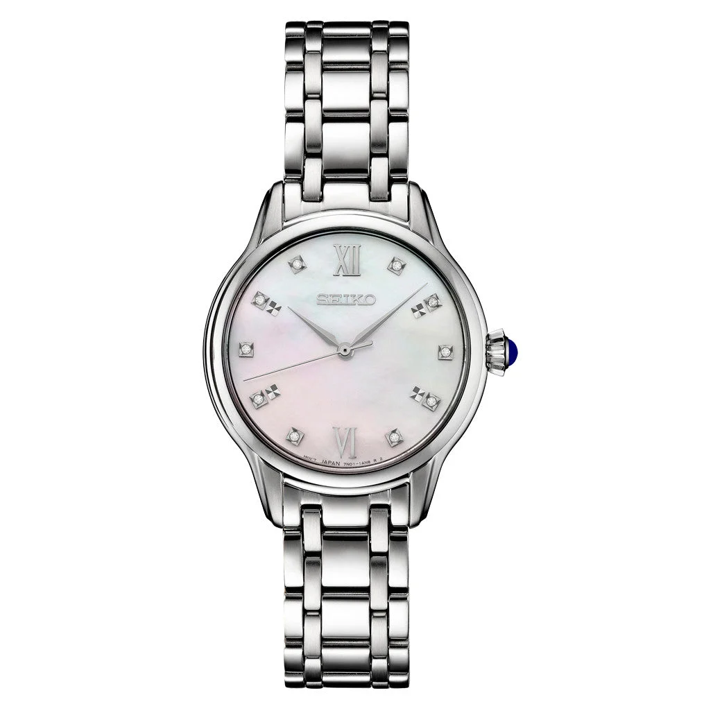 Seiko Diamonds Mother of Pearl Quartz Dress Watch with Sapphire Crystal #SRZ537 29.5 mm kol saati