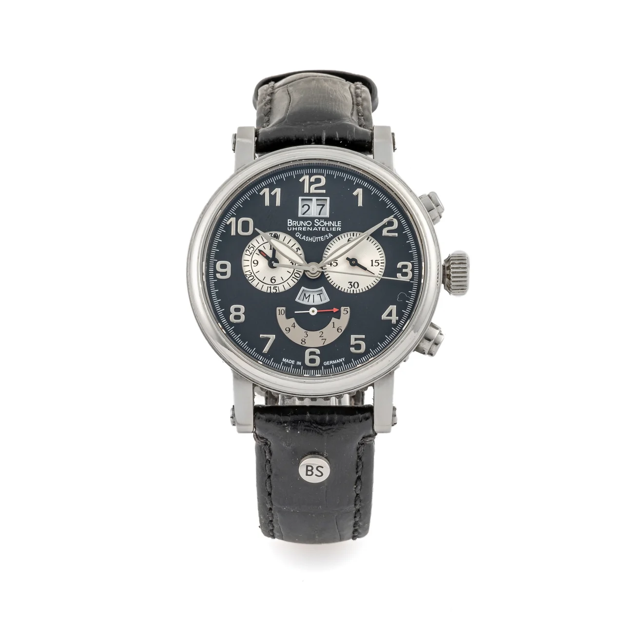 Bruno Söhnle Ref. 1090, quartz, chronograph, 1/10 second, minute and hour counters, date, day, dark grey dial; “Uhren atelier”; stainless steel kol saati