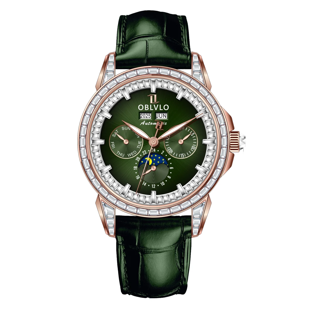 OBLVLO GCM Series,41mm,Green Leather Strap ,Diamond Bezel, Green Di 41 mm kol saati