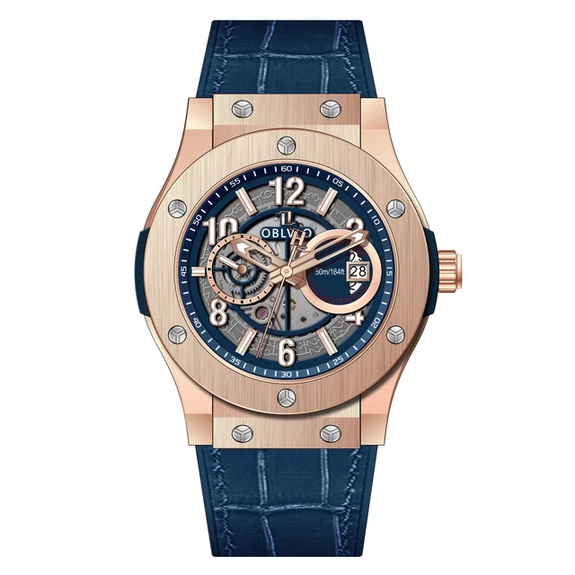 OBLVLO Leather Strap,Rose Gold Bezel,Blue Dial HM Series,44mm,Blue Leather Strap,Rose Gold