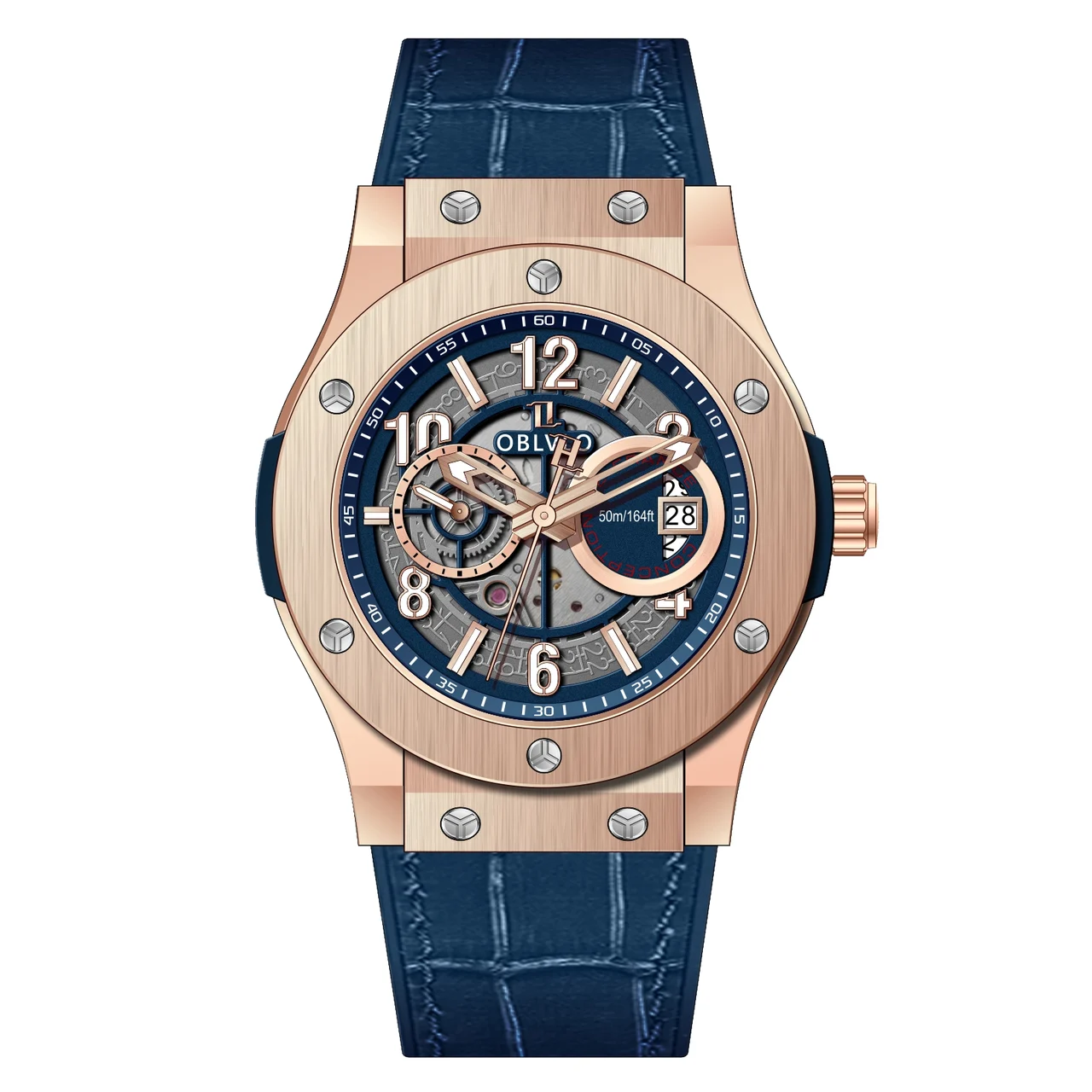 OBLVLO Leather Strap,Rose Gold Bezel,Blue Dial HM Series,44mm,Blue Leather Strap,Rose Gold Bezel,Blue Dial 44 mm kol saati