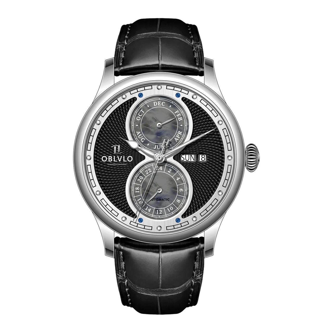 OBLVLO Series, 42mm, Steel With Leather Automatic, Black Dial AM AM Series, 42mm, Steel With Leather Automatic, Black Dial AM 42 mm kol saati