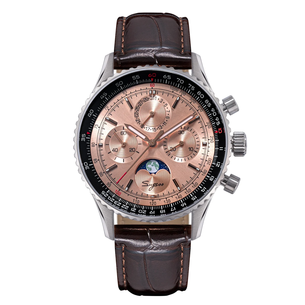 Sugess MoonPhase Chrono Master S468 Stainless Steel Case Rose Gold 43 mm kol saati