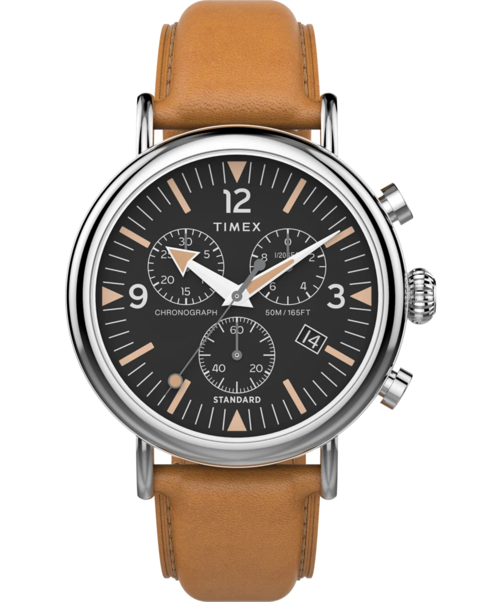 Timex Waterbury Standard Chronograph 41mm Leather Strap Watch TW2W84500 41 mm kol saati